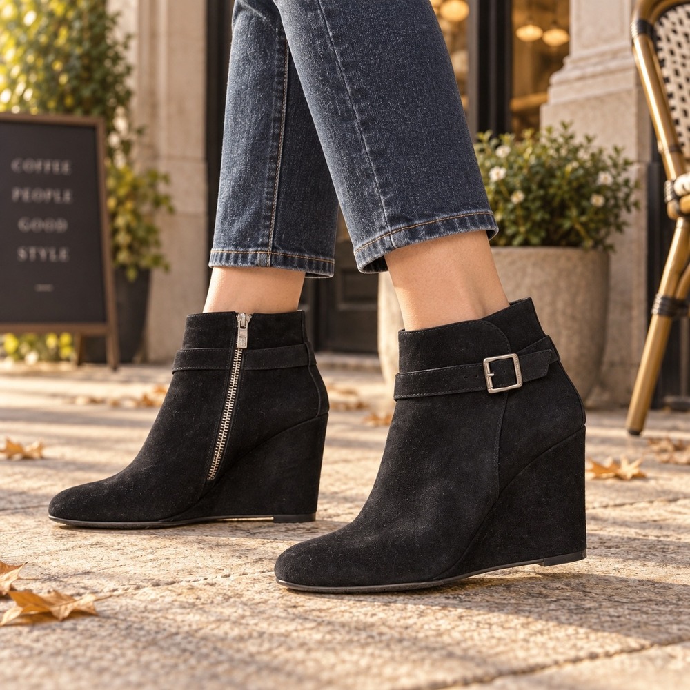 Vince Camuto Dena Black Suede Leather Wedge Buckle Booties 8.5